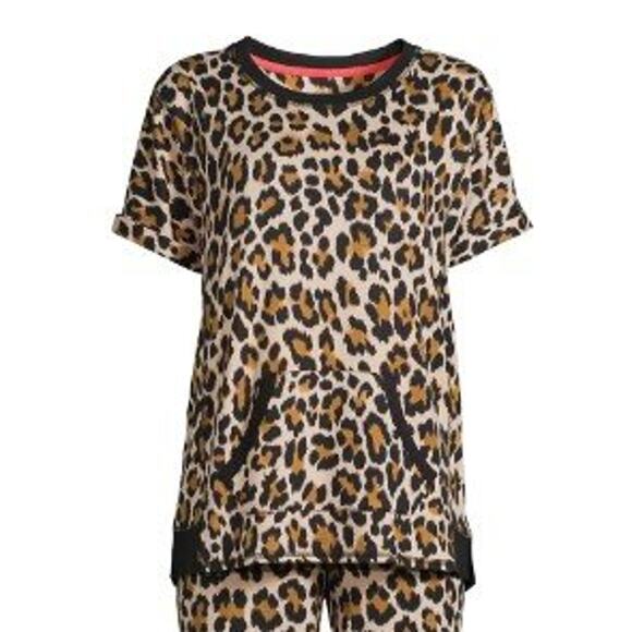 Women's Short Sleeve Cheetah Joggers 3pc Knit Pajama Lounge Set Size: Med (8-10) - Picture 1 of 6
